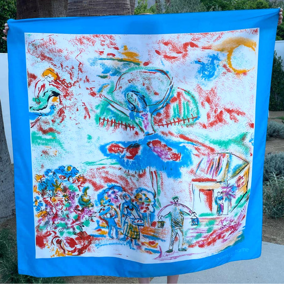 Vintage 80s Dominique Martine Blue Large Sarong Scarf Wrap Square Painted Print - Picture 2 of 5